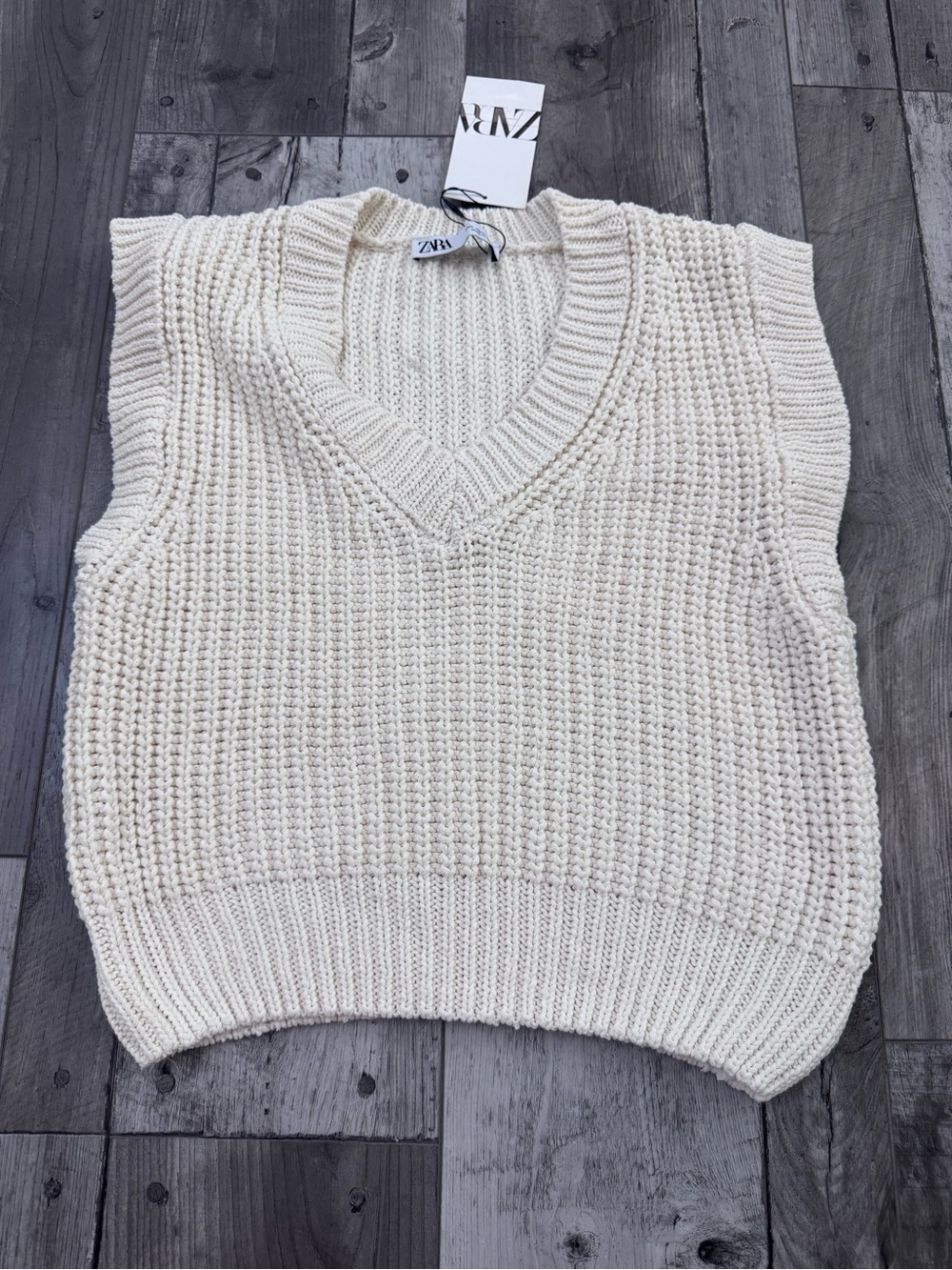 Zara Women's Cream Chunky Knit Cotton Sweater Vest Sleeveless Large New NWT